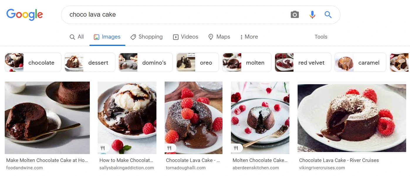 Choco lava cake images rank on SERP