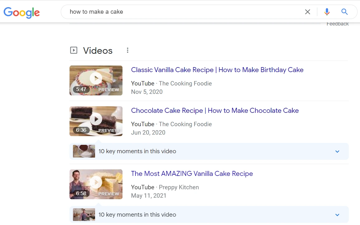 How to make a cake SERP results 