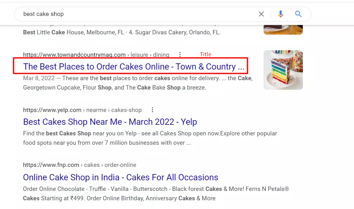 Title Tags google result for best cake shop 