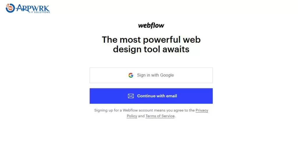 Webflow Account Setup Using a Google Account or an Email