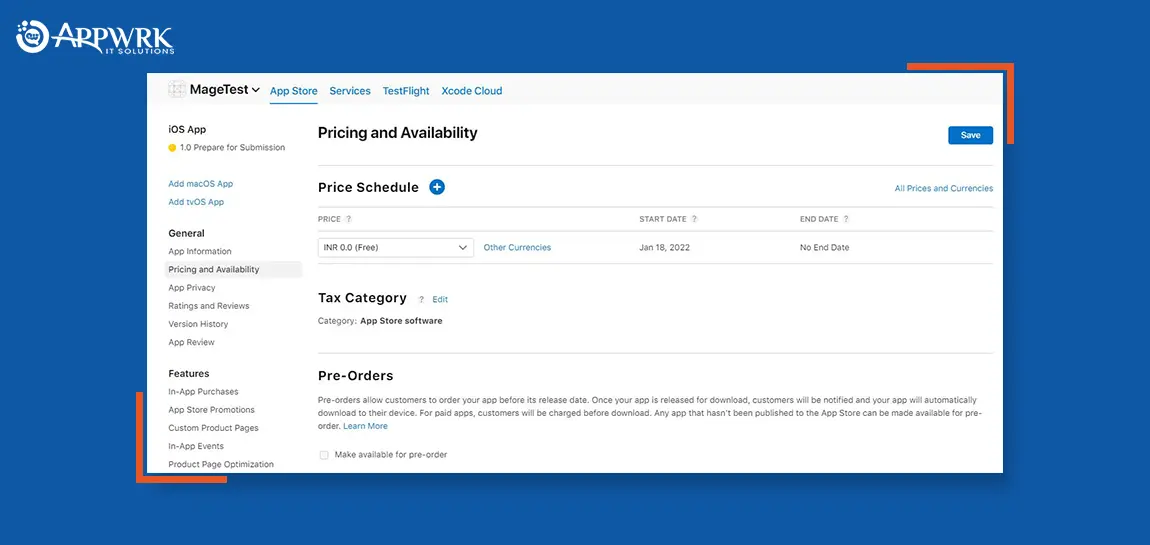 select Pricing and Availability from the sidebar and define the pricing as well as other required details for your app