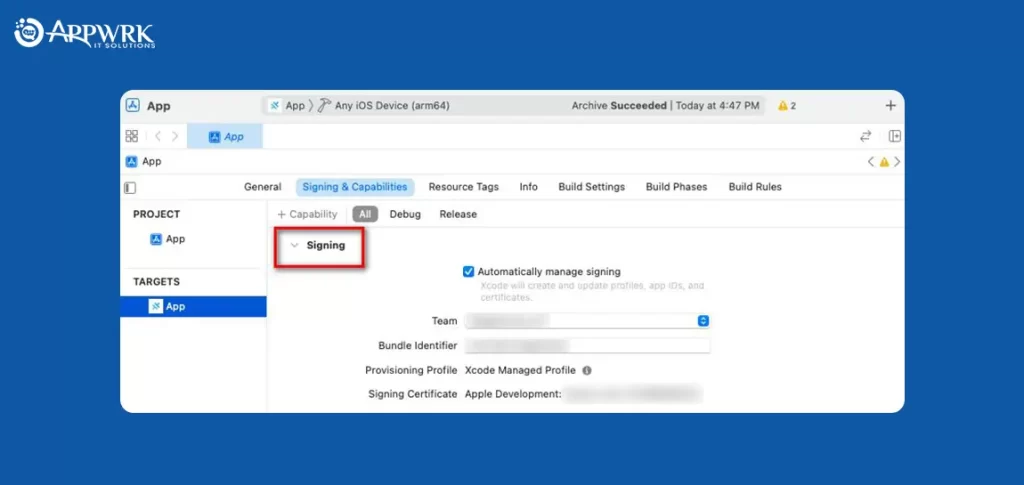 Select Signing & Capabilities from available options and check the Automatically manage signing checkbox