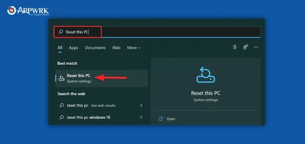 Search Reset this PC on the search bar and click the same