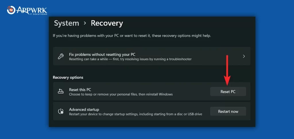 Click the Reset PC button in the Recovery settings