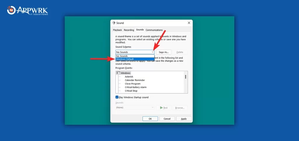 Click the Sounds tab and select the Windows Default button from the Sound Scheme dropdown