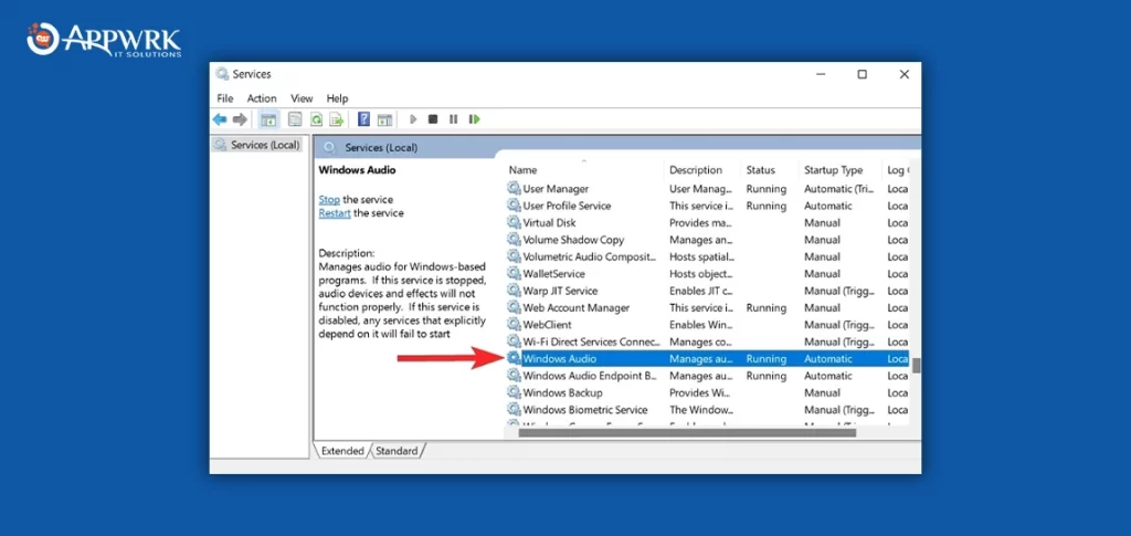 In services, scroll down and right-click the Windows Audio services