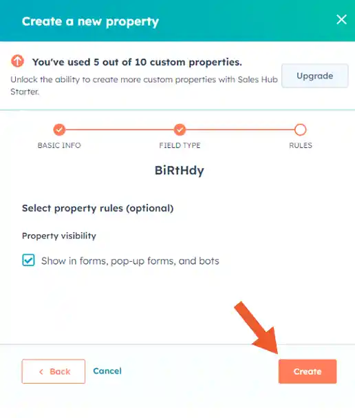 How to create a Date Property in HubSpot: Step 6(b) (Click on 'Create')