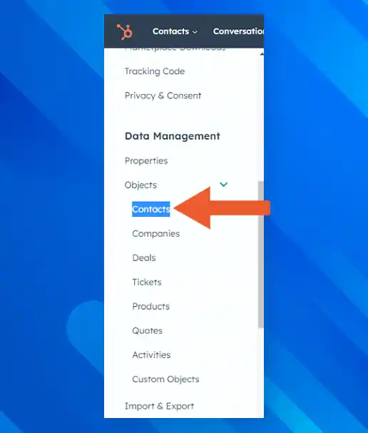 How to create a Date Property in HubSpot: Step 3 (Navigate to Select an Object Dropdown)