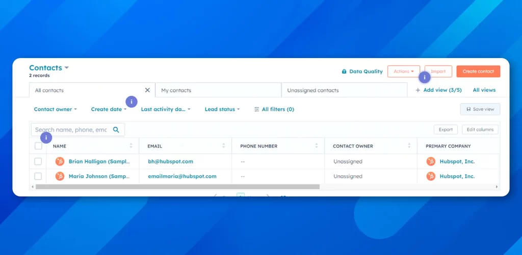 Steps to Add Birthday Field to HubSpot 
Using a Custom Field Method: Step 2 (Click on 'Contacts')