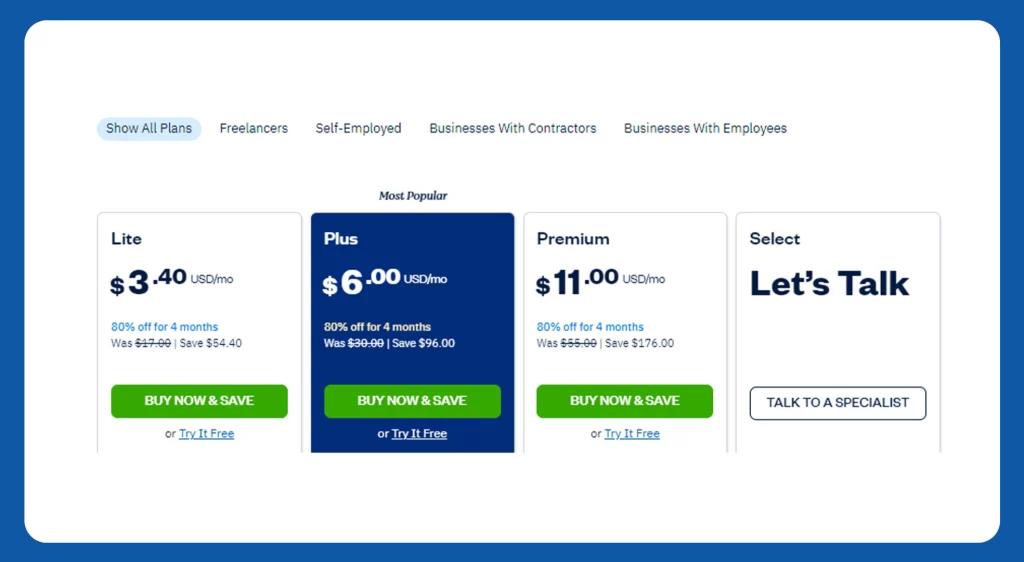 Freshbooks Pricing plans