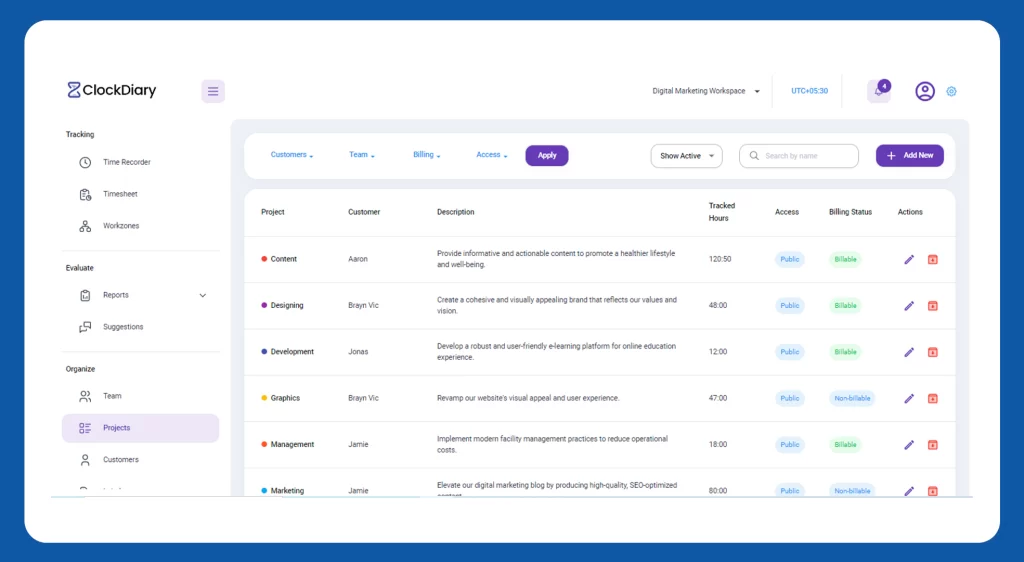 Project management in ClockDiary Time Tracking Software