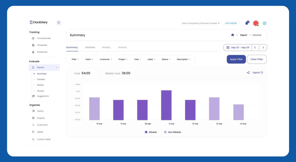 Time Allocation Insights in ClockDiary Time Tracking App