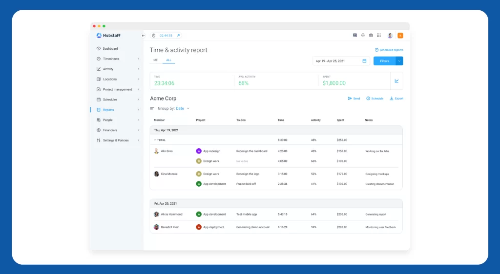 Activity monitoring in Hubstaff