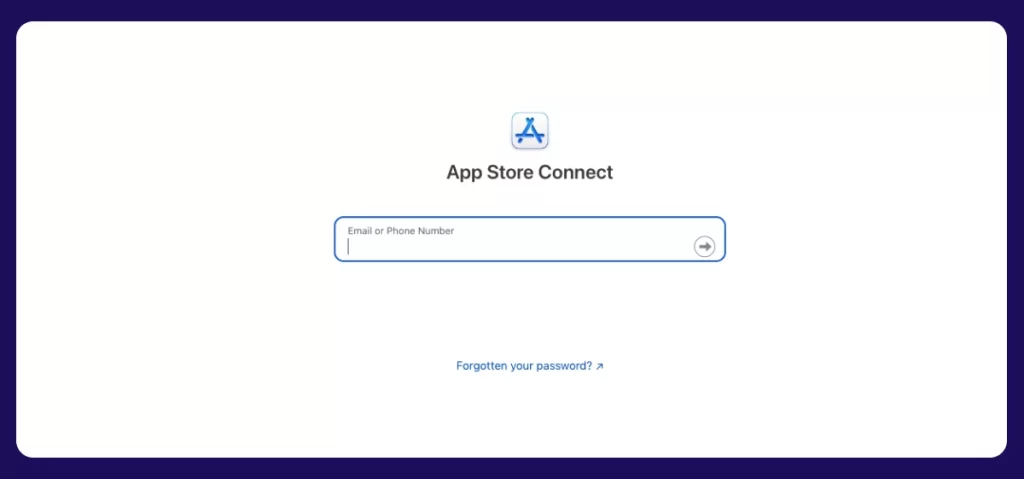 Apple Store App Submission Checklist- App Store Connect Log in page