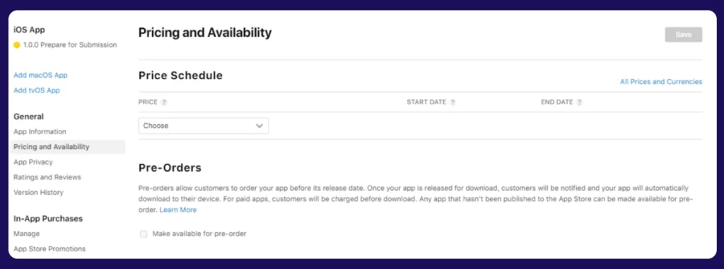 Apple Store App Submission Checklist- Pricing and availability section