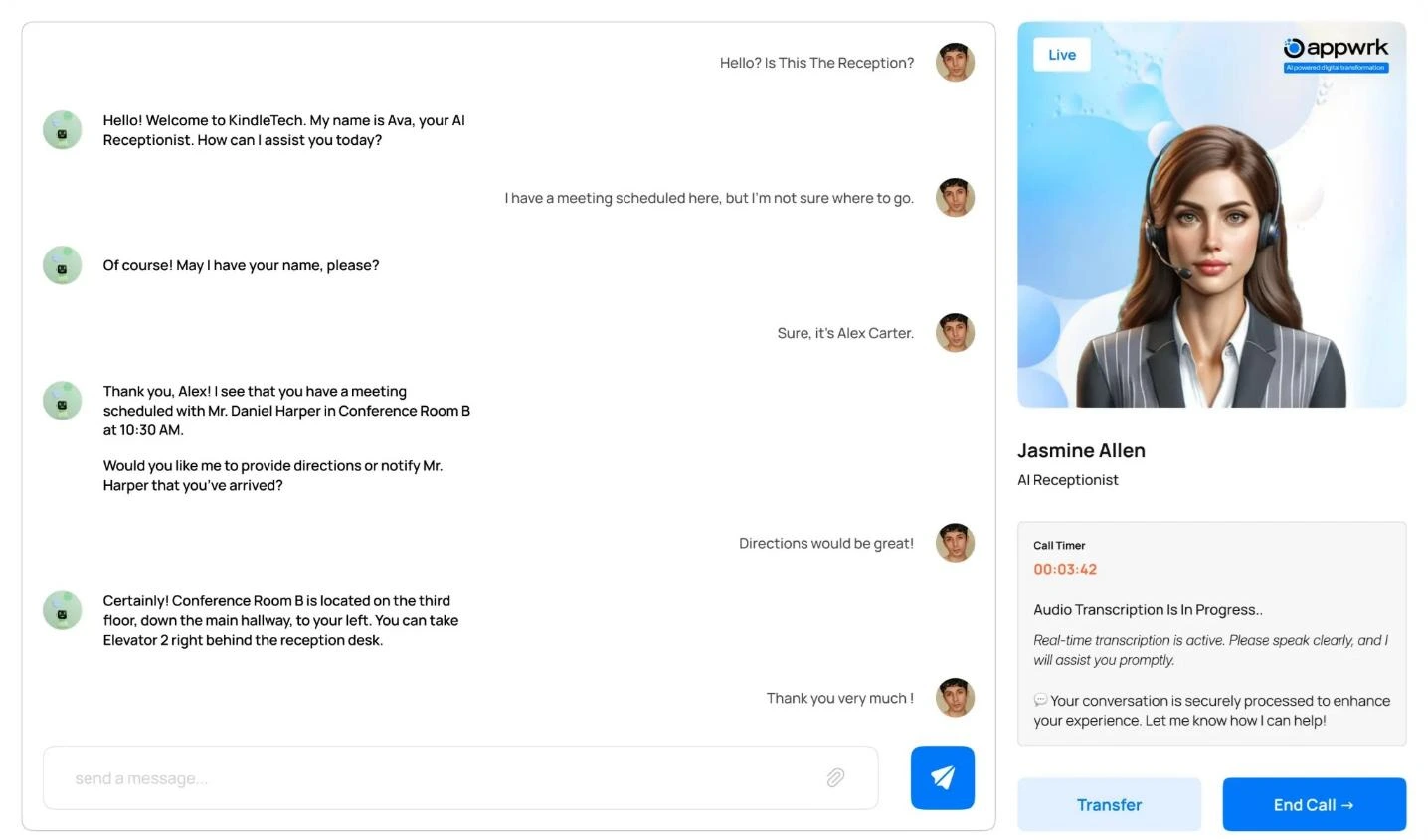 AI-powered hotel receptionist software interface by Appwrk showing real-time guest assistance, automated check-in, meeting scheduling, and live support.