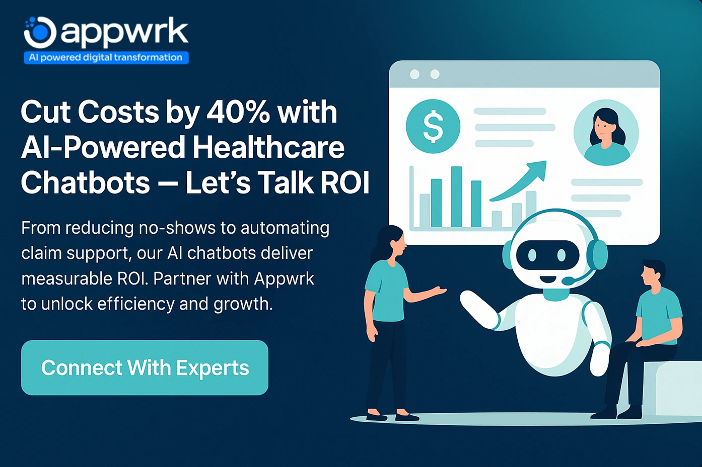 Appwrk CTA banner highlighting healthcare chatbot development starting at $3,000 with HIPAA-compliant AI solutions and cost estimate button