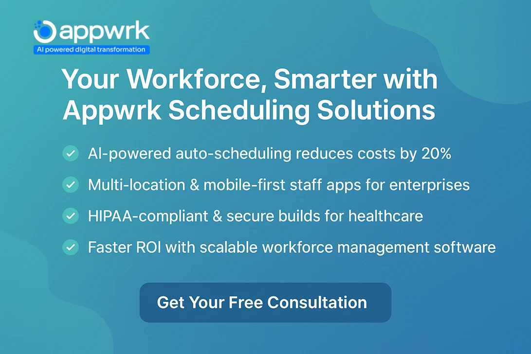 Appwrk employee scheduling software solutions – AI-powered auto-scheduling, multi-location mobile apps, HIPAA compliance, and faster ROI. 