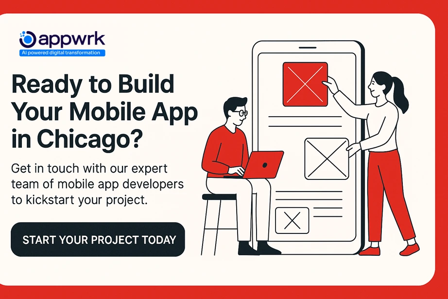 Appwrk experts ready to build your mobile app in Chicago with a laptop and wireframe illustration.