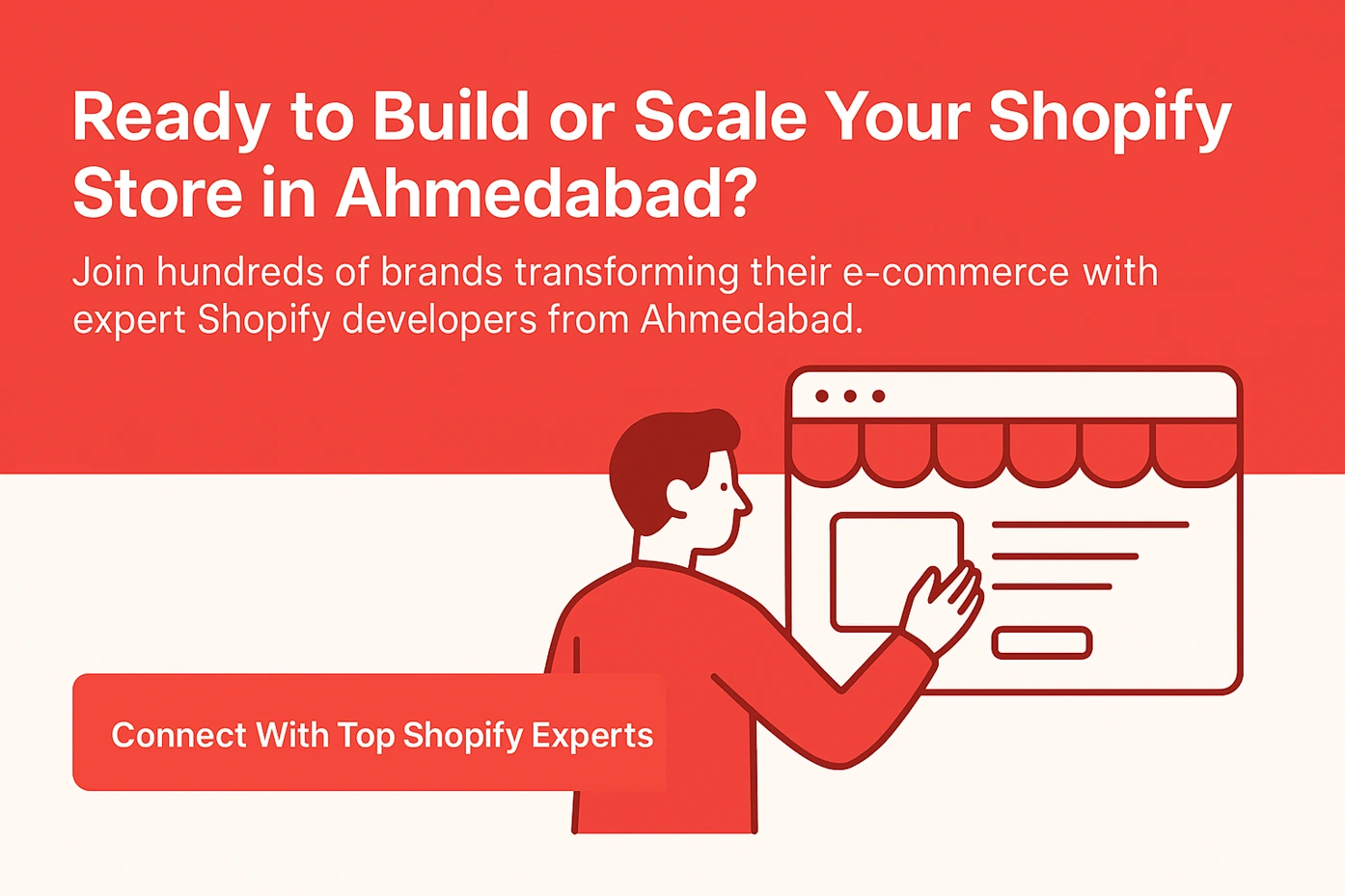 Build or Scale Your Shopify Store in Ahmedabad. Illustration of developer pointing at online storefront interface for e-commerce growth.