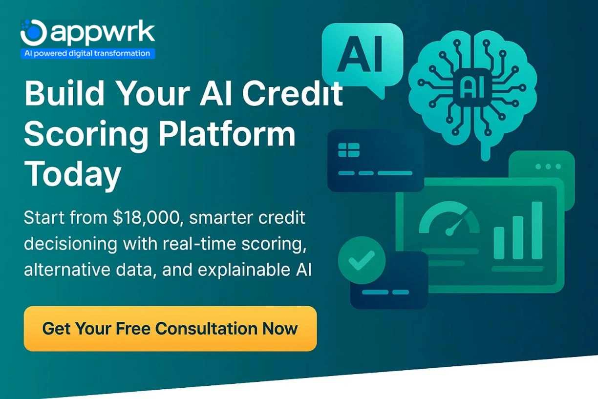 Call-to-action image promoting AI credit scoring platform development from $18,000 with real-time scoring, alternative data, and explainable AI.