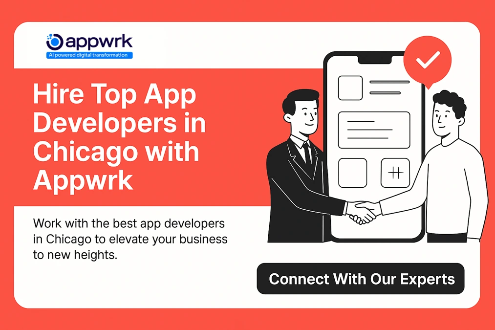 CTA graphic highlighting top app developers in Chicago with Appwrk, showing business handshake in front of mobile app design mockup.