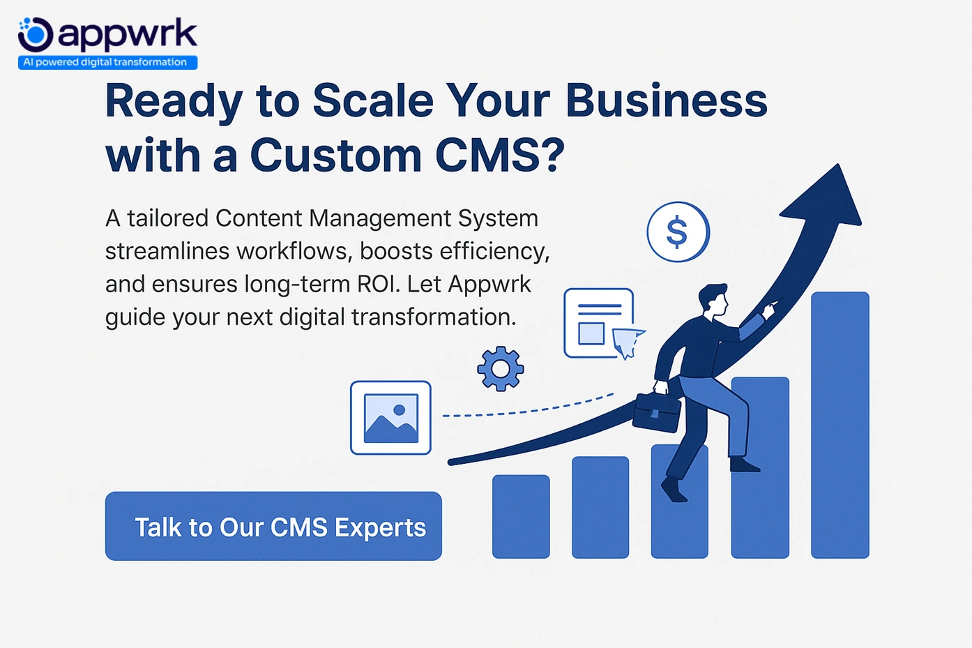 Custom CMS development benefits infographic showing scalability, workflow efficiency, ROI, and digital transformation support.
