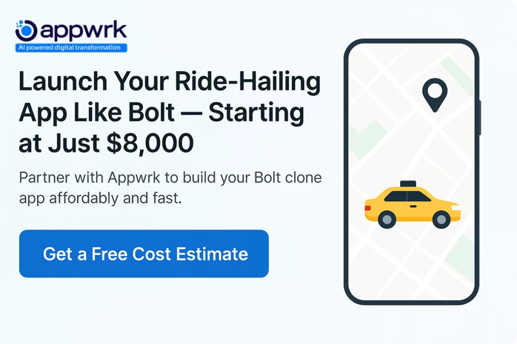 Launch a ride-hailing app like Bolt starting at $8,000 – Appwrk consultation offer for affordable taxi app development