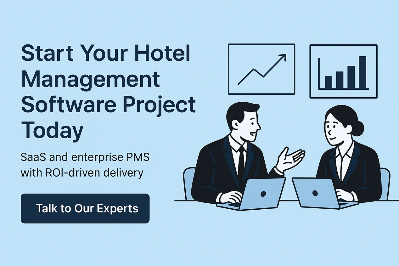 Start your hotel management software project – business professionals discussing SaaS and enterprise PMS solutions with ROI-driven delivery.
