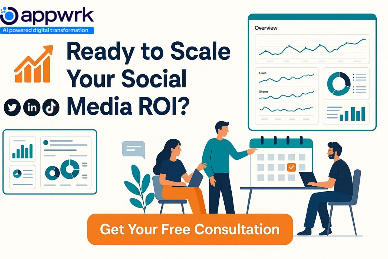 Call-to-action graphic with Appwrk logo showing people planning content on a calendar with analytics dashboards. Text: Ready to Scale Your Social Media ROI? CTA button: Get Your Free Consultation.