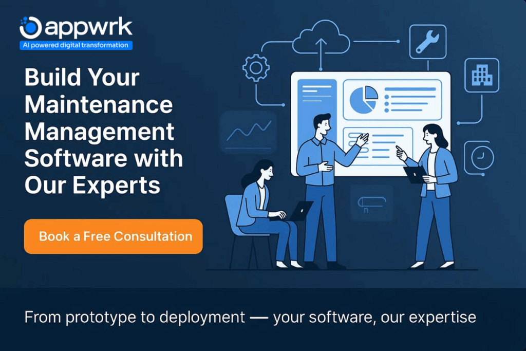 Interactive CTA offering free CMMS software cost consultation by Appwrk, with visuals of pricing calculator and dashboard.