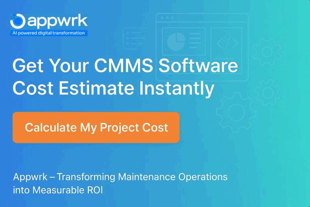 CTA image inviting users to build CMMS software with Appwrk in 2025, showcasing ROI-driven development and AI-powered solutions.
