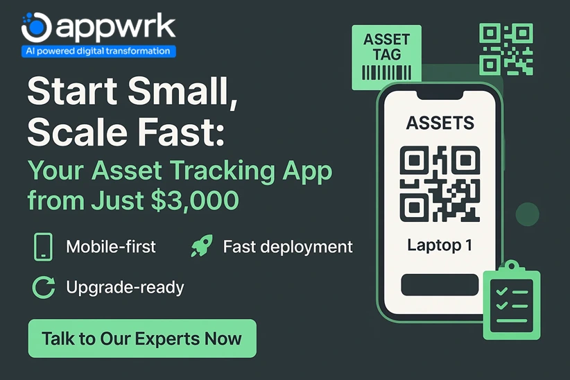 Promotional banner for affordable asset tracking app starting at $3000, highlighting mobile-first, fast deployment and upgrade-ready features.