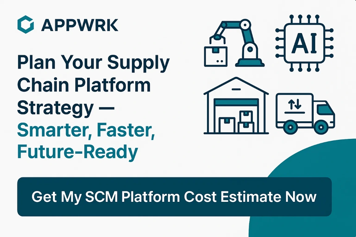 “Appwrk CTA to plan your supply chain platform strategy with icons for automation, warehouse, AI, and logistics — includes call to action for platform cost estimate.”