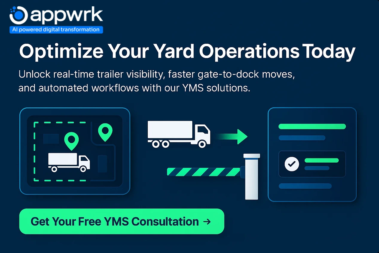 Appwrk yard management solutions advertisement for optimizing trailer visibility and automating workflows in logistics yards.