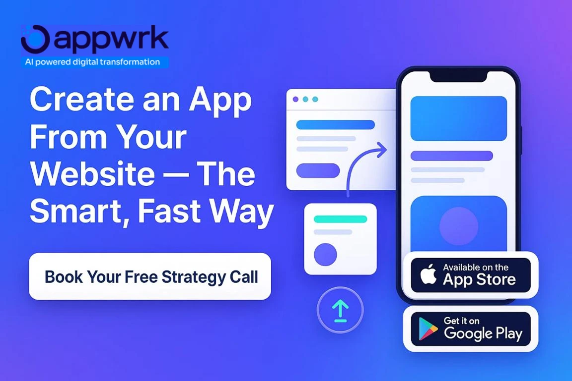“CTA image promoting smart and fast website-to-app creation, featuring mobile UI mockups, App Store and Google Play badges, and an Appwrk free strategy call button.”