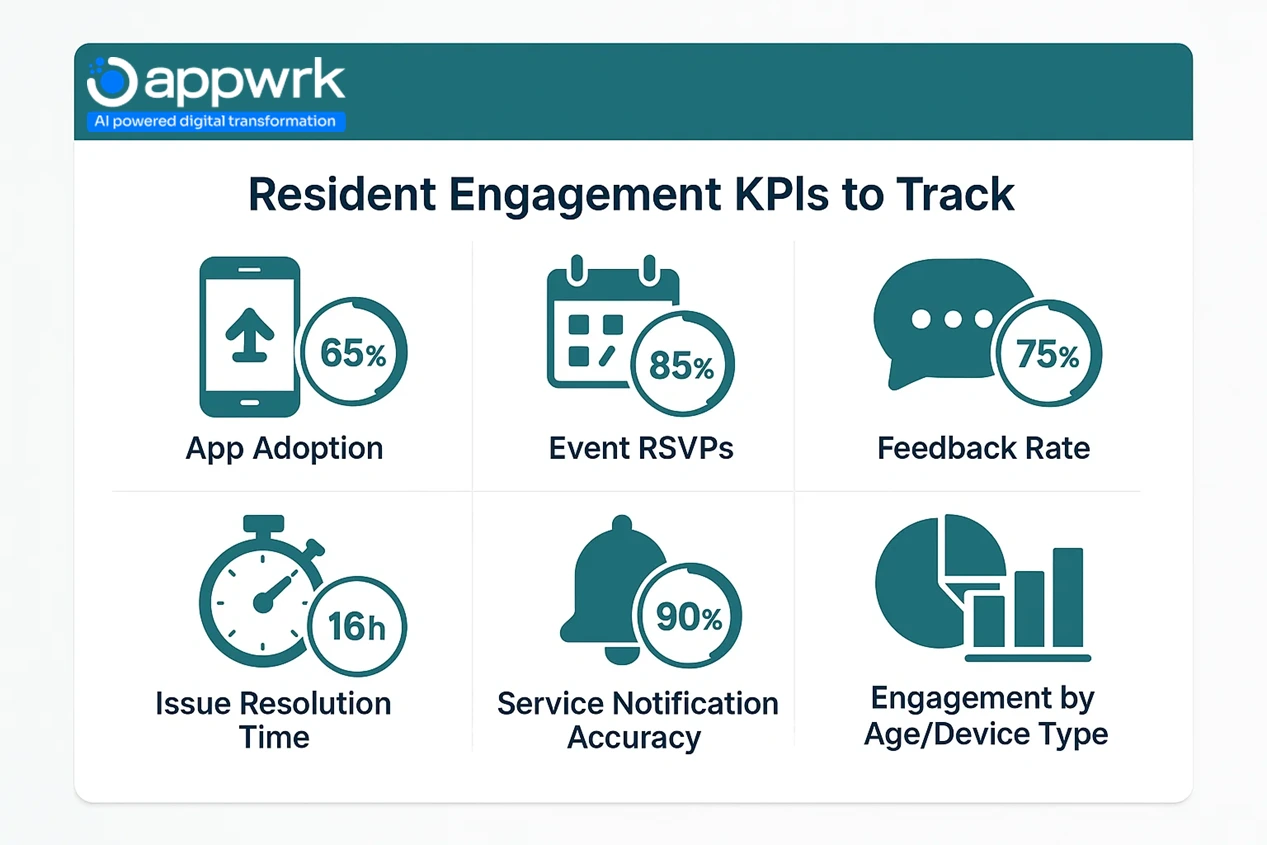 “Infographic of key performance indicators for resident engagement: app adoption, RSVP rates, feedback rate, issue resolution time, service notification accuracy, and user segmentation by age/device – Appwrk metrics.”