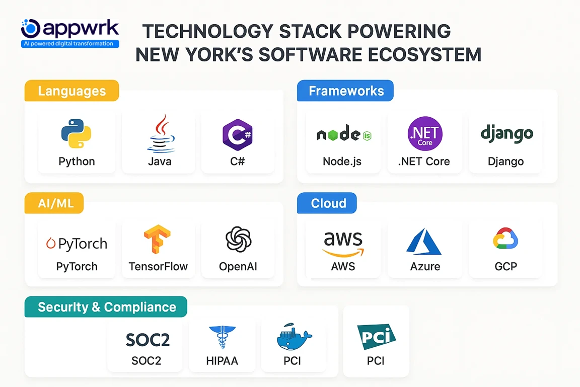"Technology stack used by leading software development companies in New York featuring Python, Java, NodeJS, PyTorch, AWS, SOC2, HIPAA — structured by categories including languages, frameworks, AI/ML, cloud, and compliance"