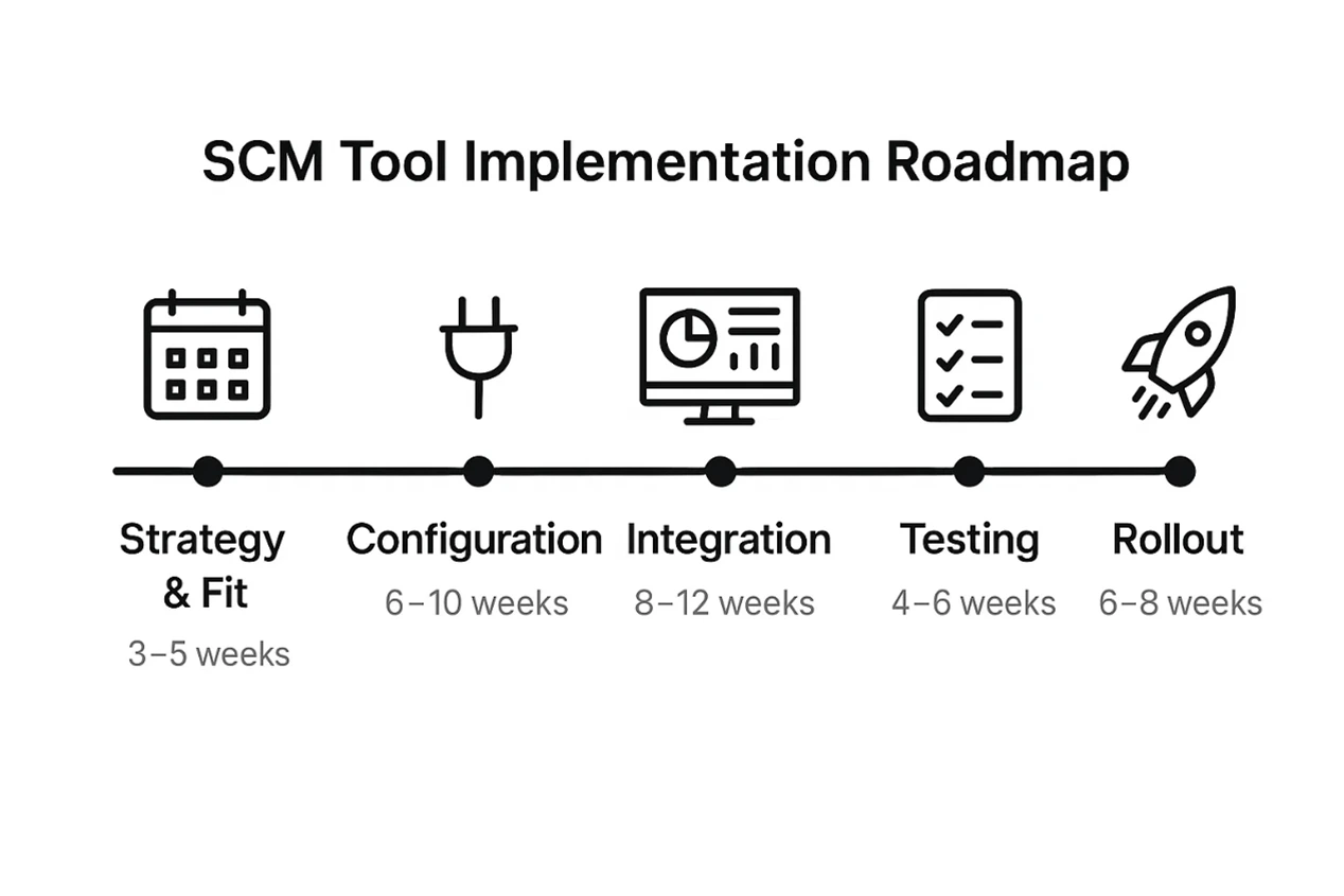 “Implementation roadmap for SCM tools showing 5 stages: strategy, configuration, integration, testing, and rollout with time estimates in weeks.