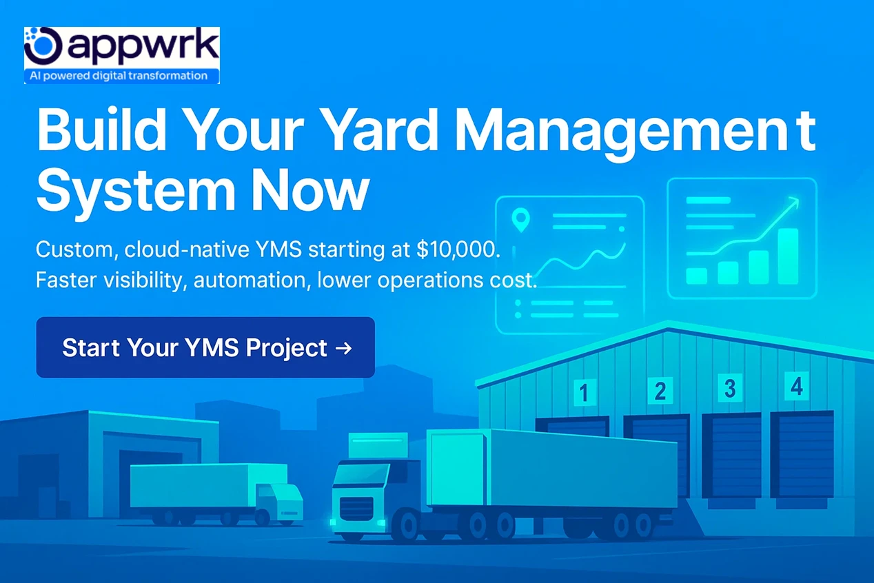 Promotional banner for building a custom, cloud-native yard management system (YMS) by Appwrk, starting at $10,000, highlighting faster visibility and automation.