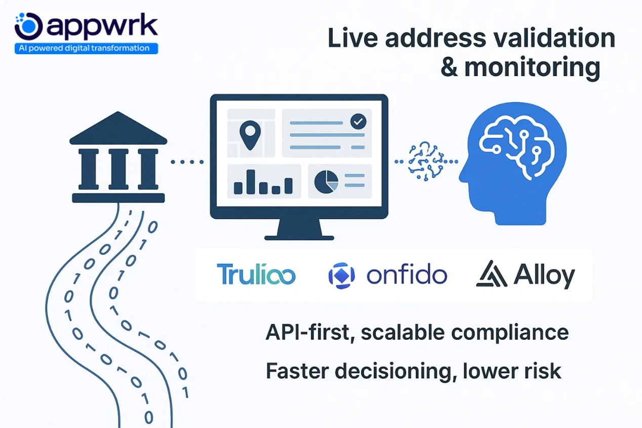 Visual representation of RegTech integrations with address validation tools like Trulioo, Onfido, and Alloy for banking compliance.