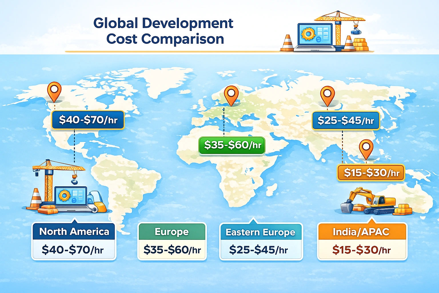 Global construction management software development cost comparison map showing hourly engineering rates across North America, Europe, Eastern Europe, and India/APAC.