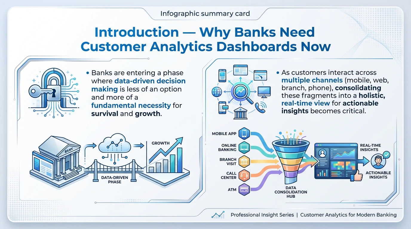 Banking infographic explaining why banks need customer analytics dashboards, highlighting multi-channel data consolidation and real-time insights.