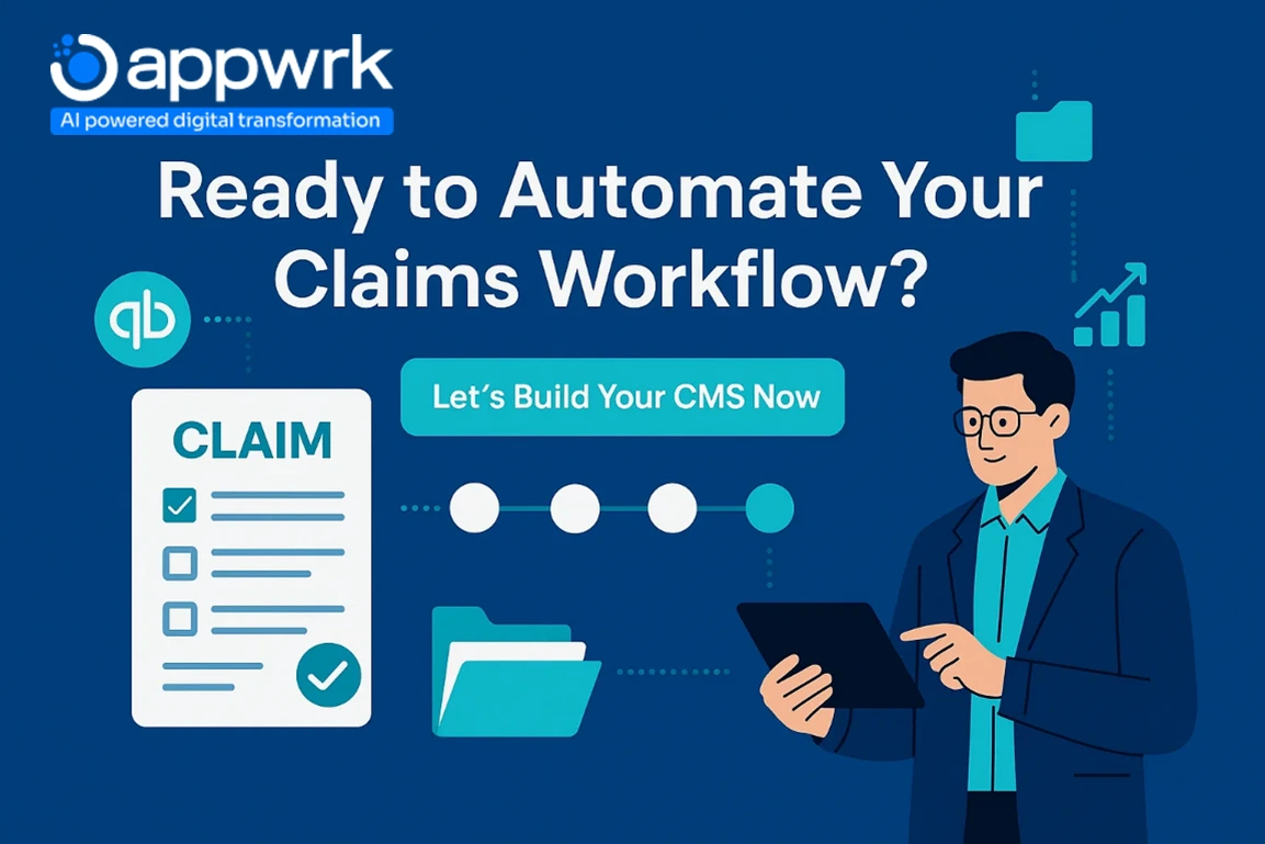Call to action image inviting users to automate their claims workflow with a custom CMS – illustrated with QuickBooks, claims checklist, and dashboard graphics.