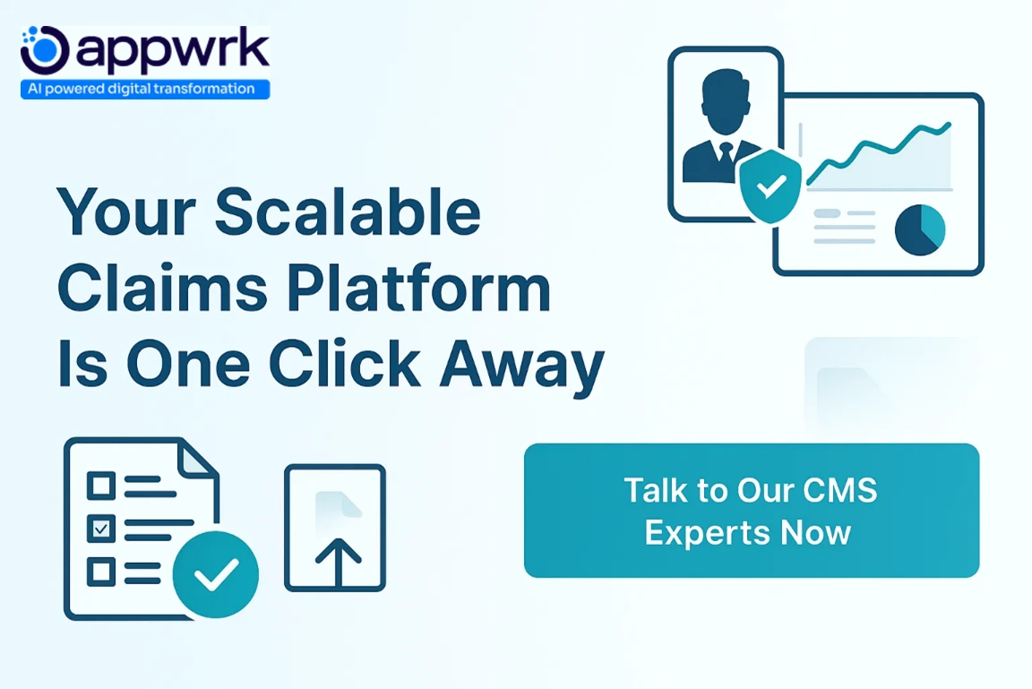 CTA encouraging readers to talk to CMS experts for building scalable claims platforms – icons of claims form, document upload, analytics, and secure profiles.
