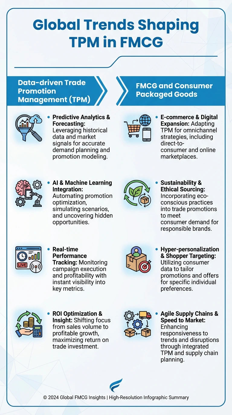 Infographic of global TPM trends in FMCG highlighting predictive analytics, AI and machine learning, real-time tracking, sustainability, hyper-personalization, and agile supply chains.
