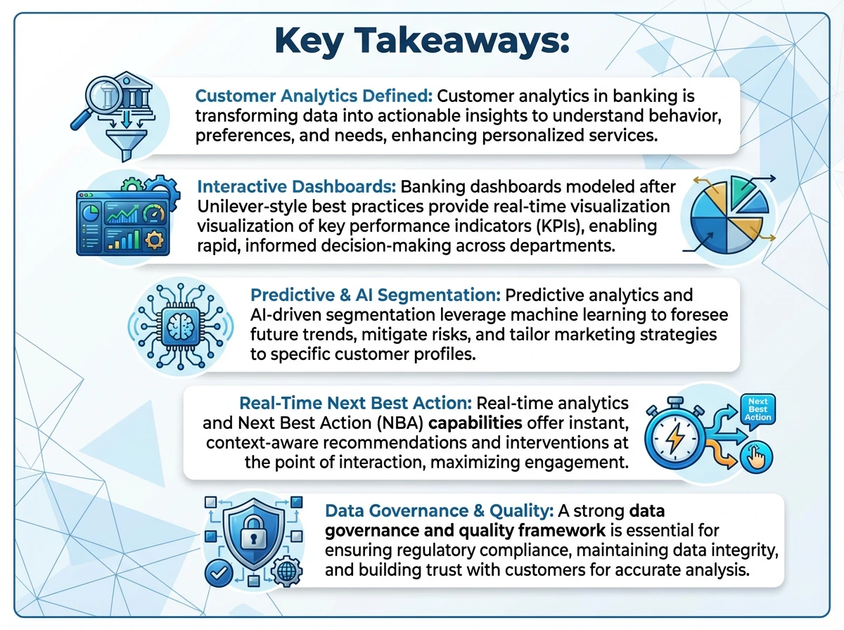 Key takeaways infographic summarizing customer analytics in banking, including interactive dashboards, predictive AI segmentation, real-time next-best-action capabilities, and data governance.
