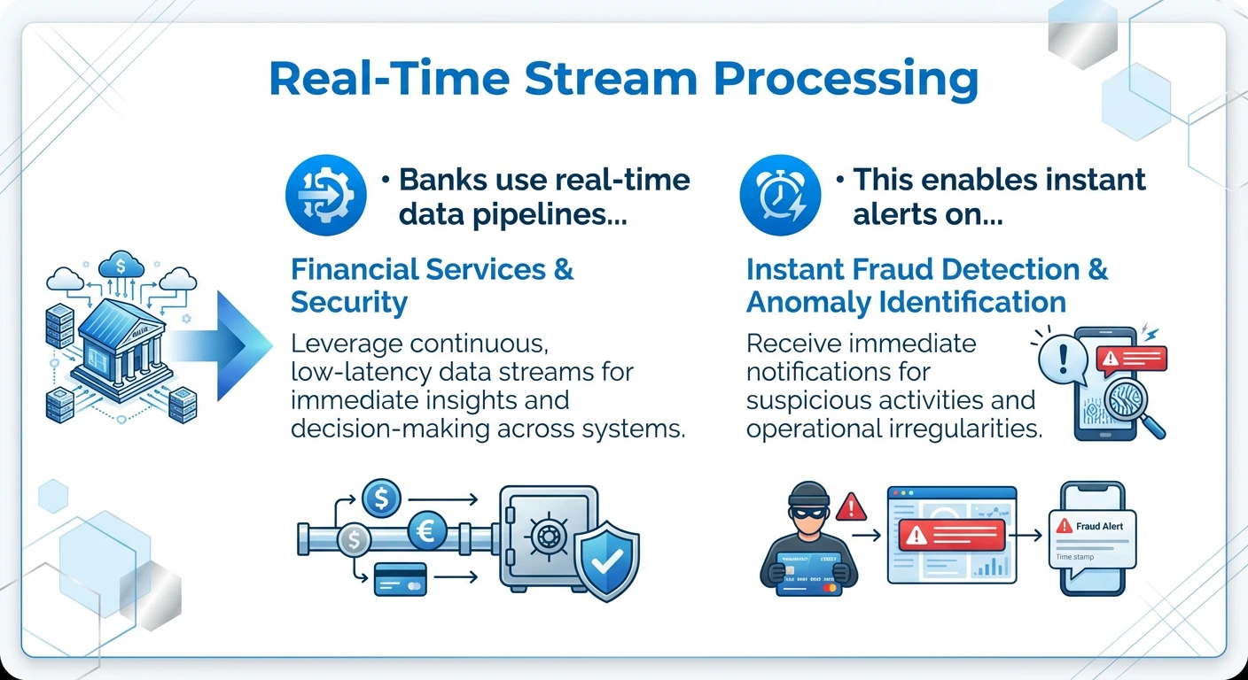 Real-time data stream processing graphic showing instant fraud detection, anomaly alerts, and real-time banking security insights.