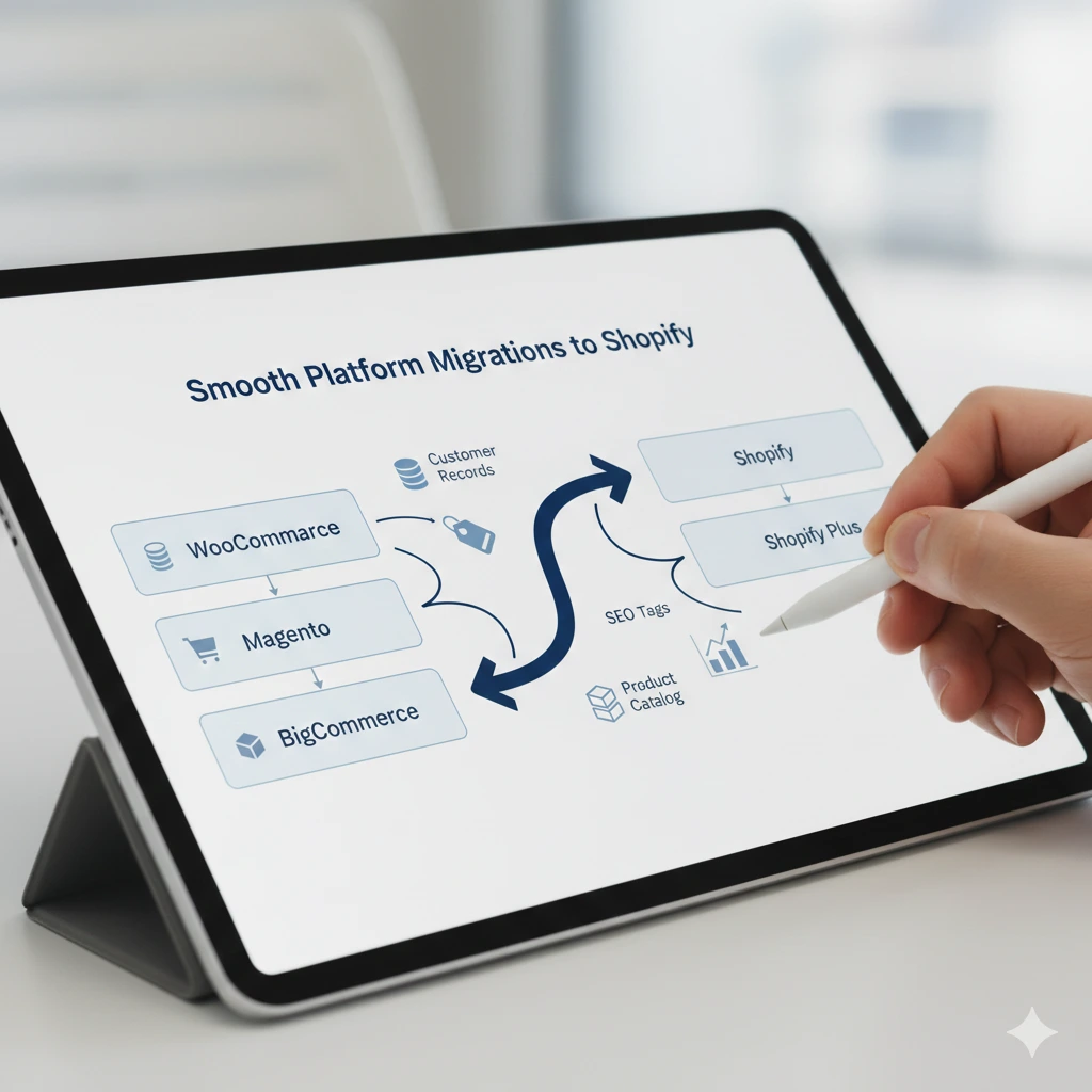 "Digital flowchart illustrating migration from WooCommerce, Magento, and BigCommerce to Shopify, including data, SEO, and platform icons."