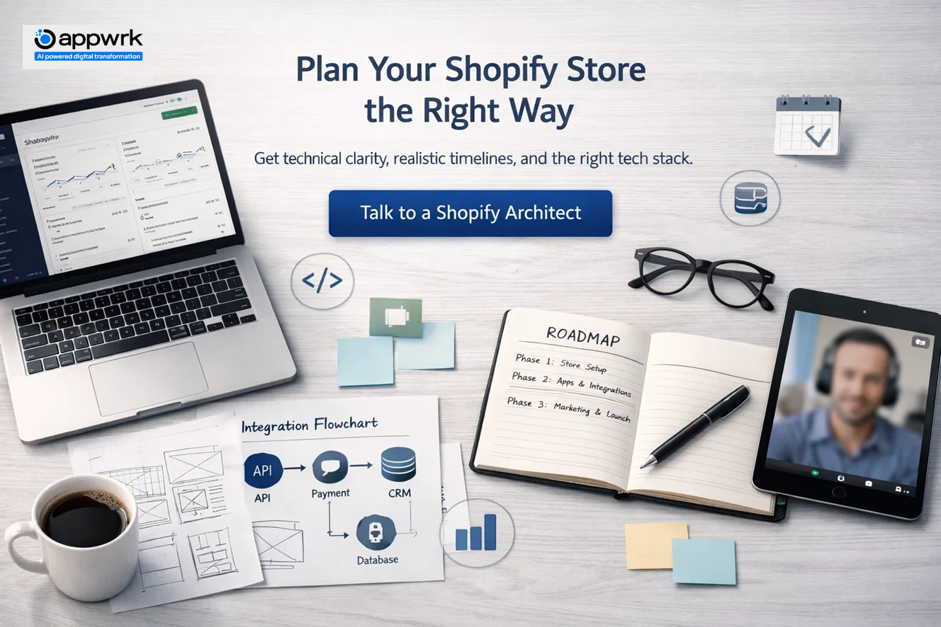 "Minimal workspace flat lay with Shopify dashboards, app flowchart, and planning notebook, highlighting expert Shopify architecture consultation."